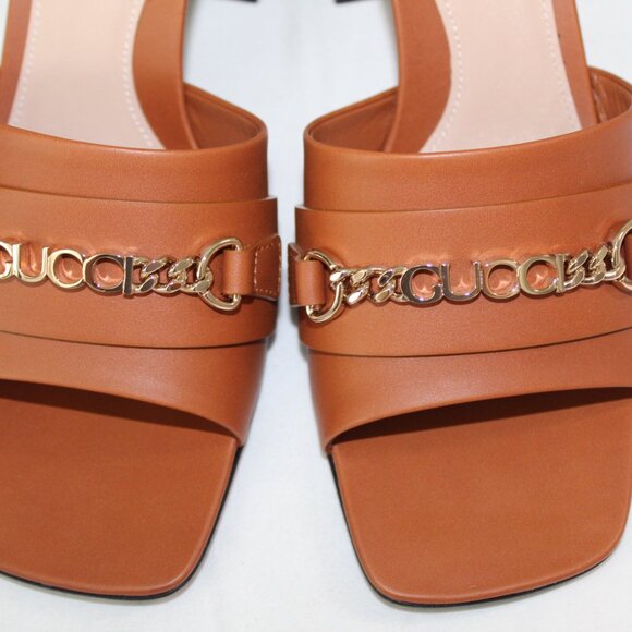 NWB Gucci Logo Hardware Harness Brown Chunk Heel Sandals Mules 786595 - Picture 3 of 8